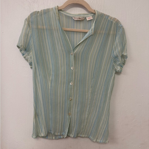 Tommy Bahama Women's 100% Silk Sheer Striped Top - Green - Picture 2 of 6